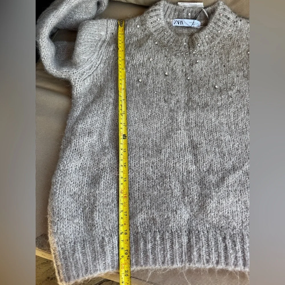ZARA Beige Gray Rhinestone Knit Sweater Size S Wool Blend NWT